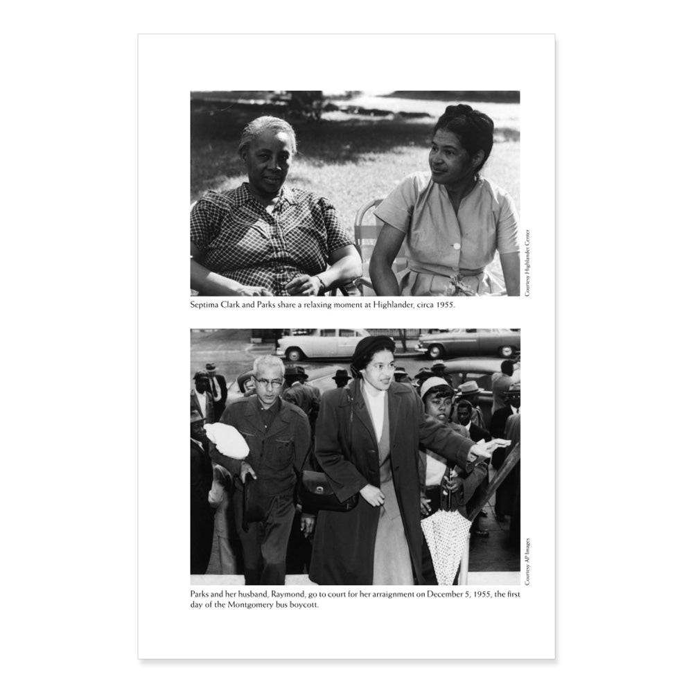 Two black-and-white photos from "The Rebellious Life of Mrs. Rosa Parks": Top—Septima Clark and Rosa Parks sit together, smiling, c. 1955. Bottom—Rosa and Raymond Parks walk past reporters on December 5, 1955.