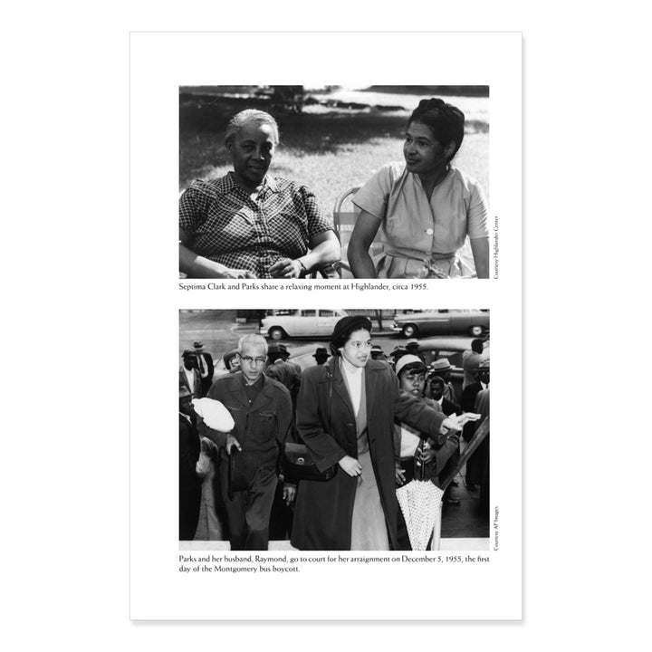 Two black-and-white photos from "The Rebellious Life of Mrs. Rosa Parks": Top—Septima Clark and Rosa Parks sit together, smiling, c. 1955. Bottom—Rosa and Raymond Parks walk past reporters on December 5, 1955.