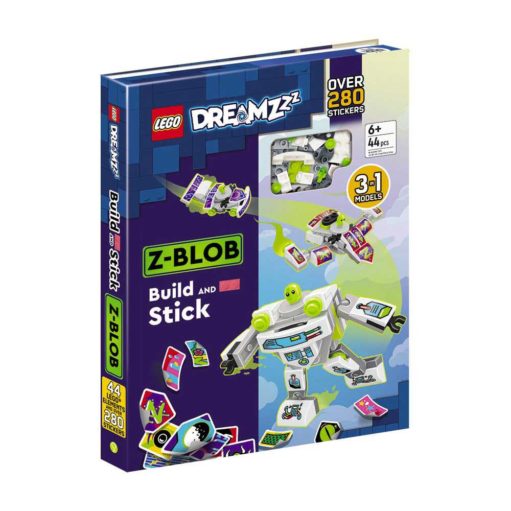 LEGO DREAMZzz™ Build and Stick: Z-Blob is a creative book designed for ages 6+, packed with over 280 stickers and pieces that let you build and rebuild three imaginative models. The cover features vibrant LEGO DREAMZzz™ artwork, highlighting colorful images of Z-Blob and the fun models you can create inside.