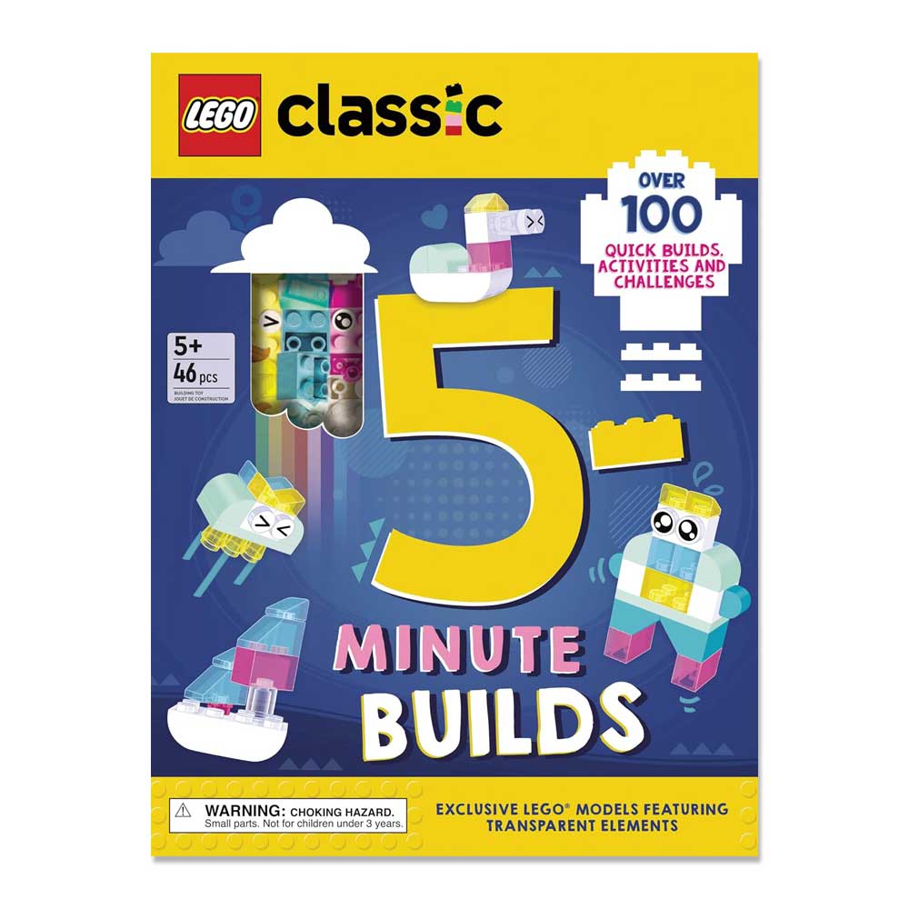 The LEGO Classic 5-Minute Builds set features colorful transparent LEGO elements and includes 46 pieces, suitable for ages 5 and up. The box promotes over 100 quick builds, activities, and challenges inspired by fun LEGO build ideas. A warning label regarding choking hazards is included.
