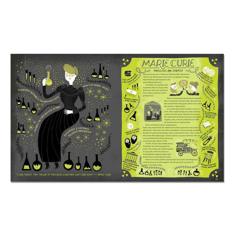 An illustrated spread from "Women in Science: 50 Fearless Pioneers Who Changed the World" features Marie Curie with a flask, chemistry symbols, and quotes, plus her achievements on a yellow-green background with images and inspiring facts.
