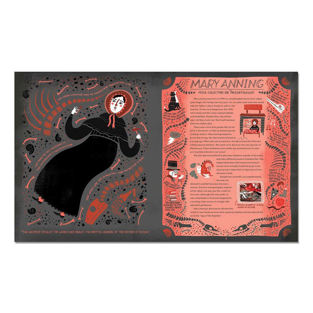 A two-page spread in *Women in Science: 50 Fearless Pioneers Who Changed the World* highlights Mary Anning, with her illustrated in black clothes and a red bonnet amid fossils on one side, and text plus fossil art on a bold red background on the other.