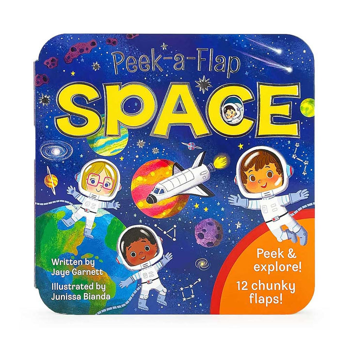 Bright and engaging, the Peek-a-Flap Space Children’s Lift-a-Flap Board Book features a vibrant cover with three playful cartoon astronauts, a spaceship, planets, and shimmering stars. The text invites children to “Peek & explore! 12 chunky flaps!” Young readers can join an exciting space adventure as they lift the sturdy flaps throughout this board book, written by Jaye Garnett and illustrated by Junissa Bianda.