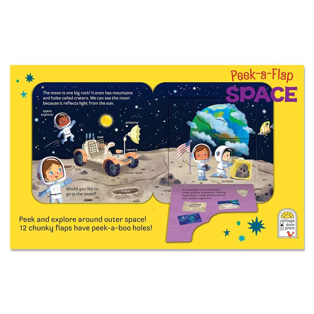 Discover the wonders of our solar system with the Peek-a-Flap Space Children’s Lift-a-Flap Board Book! This colorful children’s book features vibrant illustrations of astronauts on the moon, a rover, rocks, stars, and a space station. Each page has labeled objects and interactive flaps for curious kids to lift. The engaging text and playful artwork invite young readers to explore fascinating facts about space exploration in an educational and fun way.