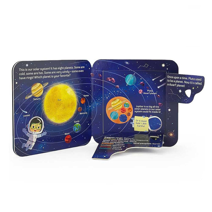 A colorful illustration of the solar system, featuring labeled planets, the sun, an astronaut, and fun facts about planets—including Pluto as a dwarf planet—makes Peek-a-Flap Space Children’s Lift-a-Flap Board Book a perfect choice to spark curiosity in space exploration for kids.