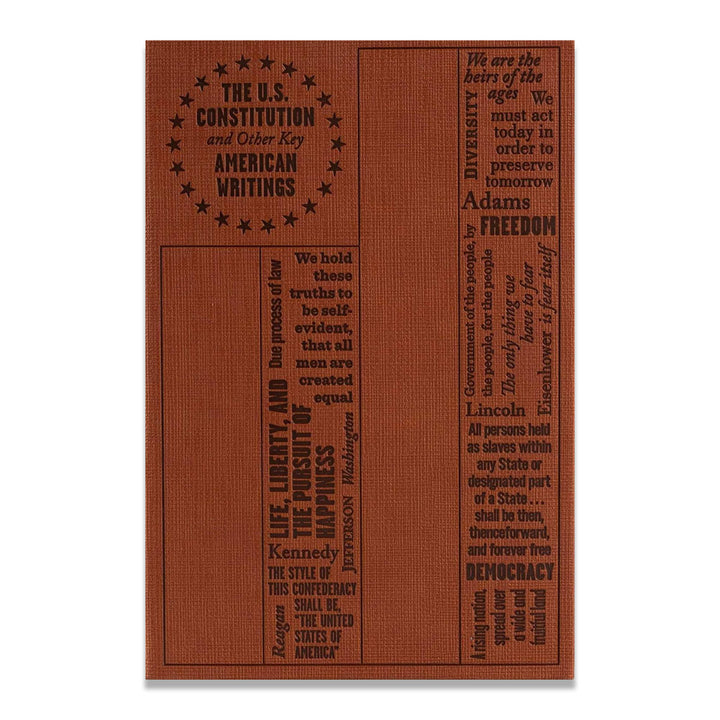 A textured brown cover for “U.S. Constitution and Other Key American Writings (Word Cloud Classics)” features famous Founding Fathers’ quotes—Jefferson, Kennedy, Lincoln, and Adams—in black text arranged vertically and horizontally.