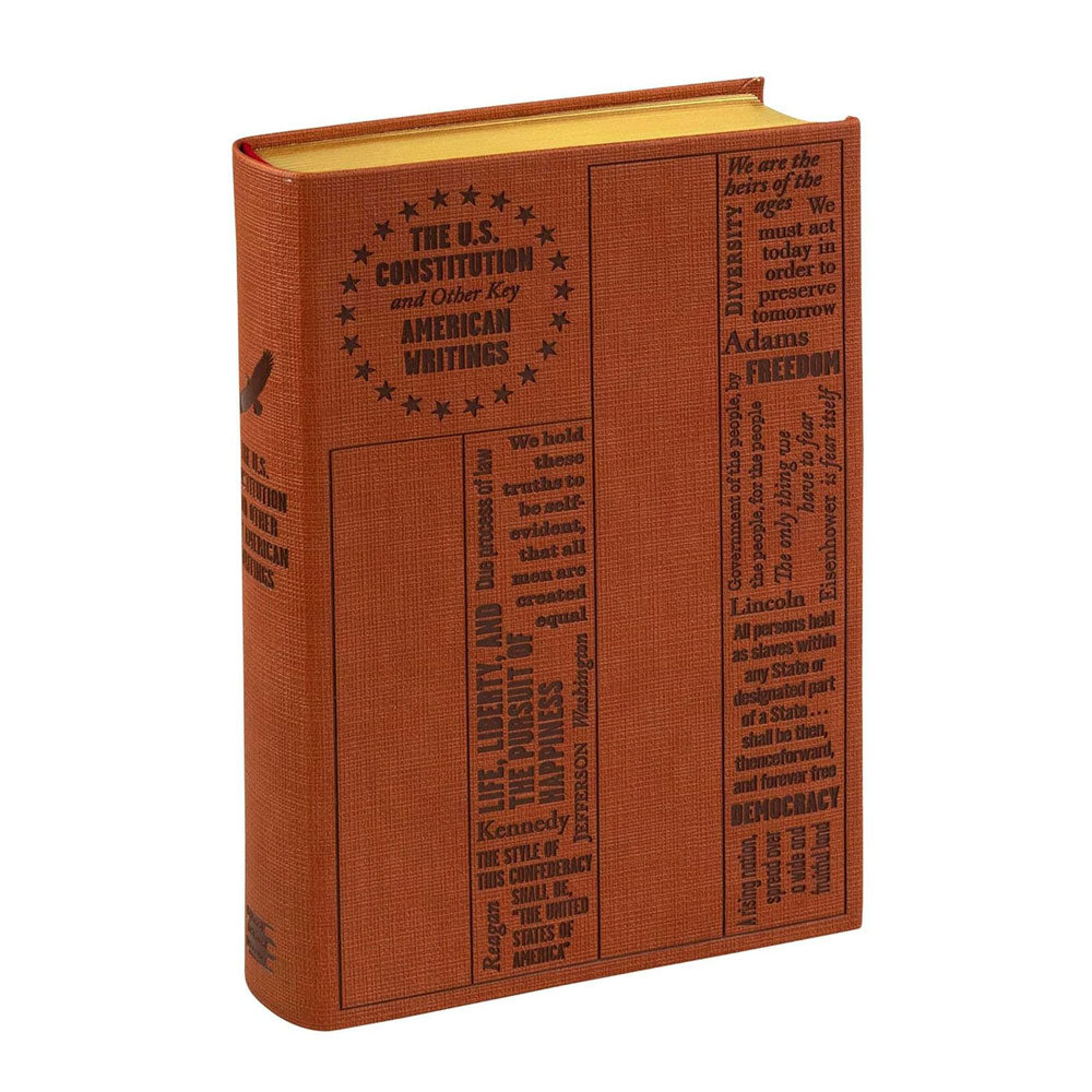 The brown hardcover "U.S. Constitution and Other Key American Writings (Word Cloud Classics)" features historic quotes from the Founding Fathers in black on the front, highlighting key moments in American history.