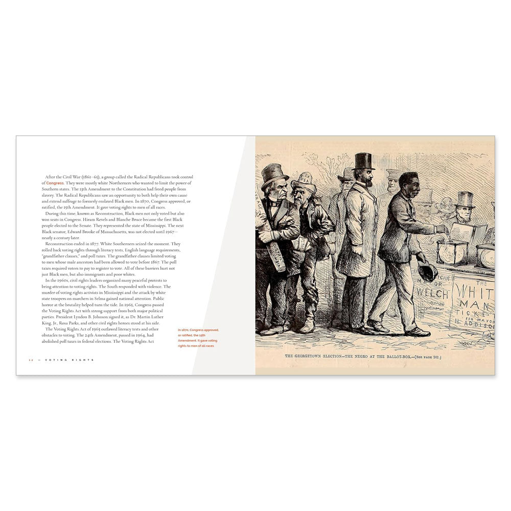 A spread from "Voting Rights" with text on the left and a historical black-and-white illustration on the right, depicting Black men at a voting booth with white men observing—an engaging glimpse into American voting history.
