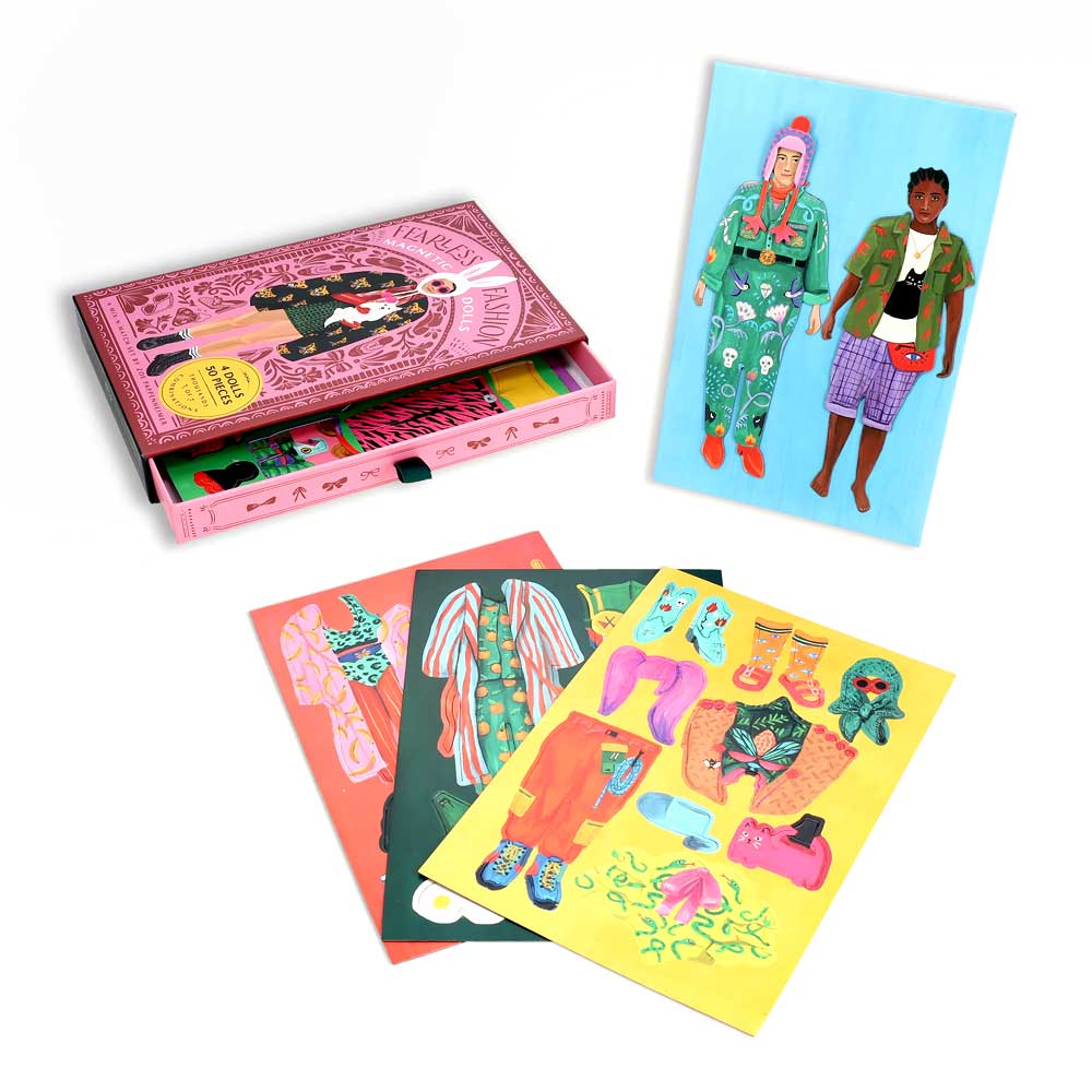 Fearless Fashion Magnetic Dolls is a colorful dress-up set with a pink box, paper dolls on a blue sheet, and vibrant illustrated outfit sheets featuring mix-and-match outfits, accessories, and shoes for endless fashion fun.