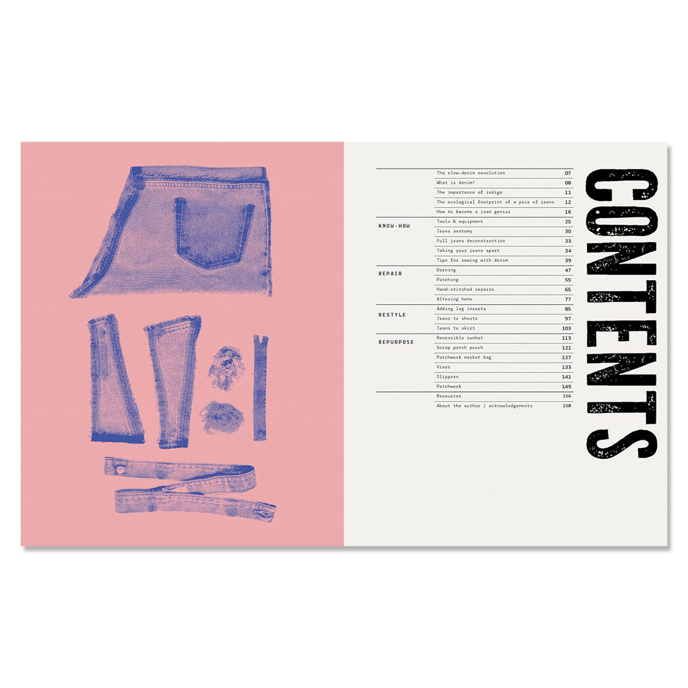 The illustrated table of contents for Jean Genius: Repair, Reimagine & Repurpose Your Denim shows blue denim fabric on a pink background beside the contents list, with bold vertical "CONTENTS" text along the edge—perfect for denim upcycling inspiration.