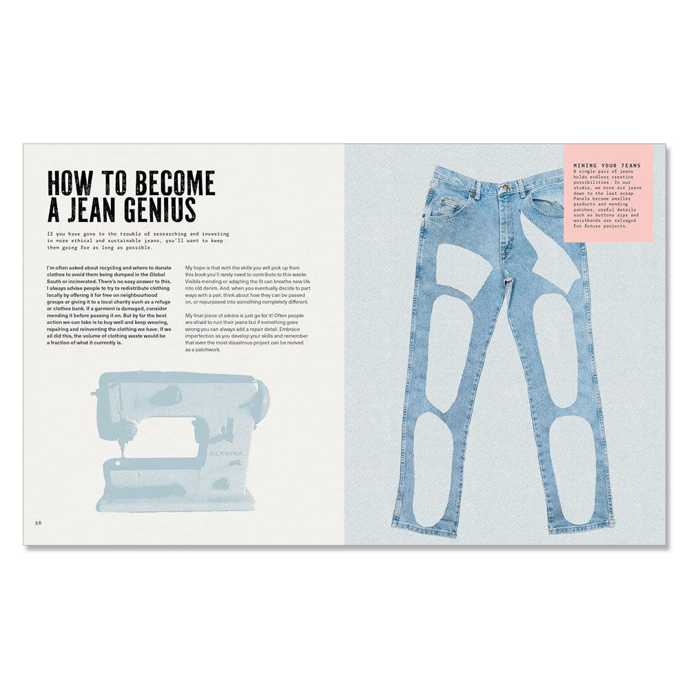 An open magazine features an article titled "Jean Genius: Repair, Reimagine & Repurpose Your Denim," with denim upcycling tips on the left and an image of deconstructed blue jeans beside a pale blue sewing machine illustration.