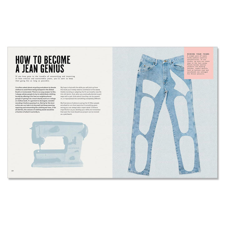 An open magazine features an article titled "Jean Genius: Repair, Reimagine & Repurpose Your Denim," with denim upcycling tips on the left and an image of deconstructed blue jeans beside a pale blue sewing machine illustration.