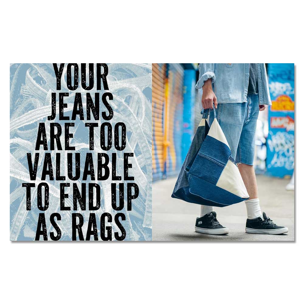 A split image: left side—bold text says, "Your jeans are too valuable to end up as rags." Right side—a person in denim holds a Jean Genius bag made from repurposed jeans, standing by a graffiti-covered wall.