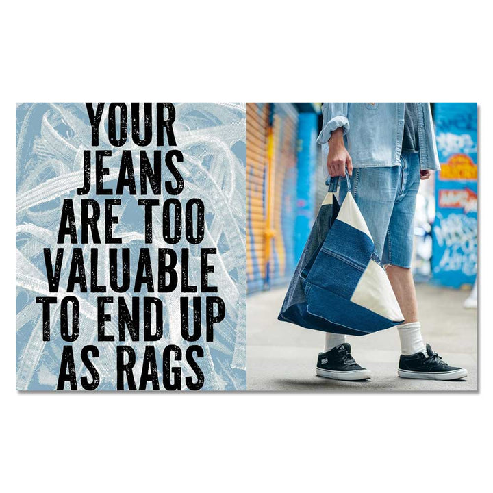 A split image: left side—bold text says, "Your jeans are too valuable to end up as rags." Right side—a person in denim holds a Jean Genius bag made from repurposed jeans, standing by a graffiti-covered wall.