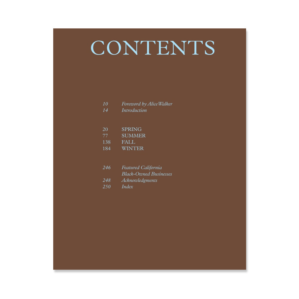 In Tanya Holland's California Soul: Recipes from a Culinary Journey West, a brown CONTENTS page with light blue text lists Foreword, Introduction, seasons, Featured California soul food and Black-Owned Businesses, Acknowledgements, and Index.