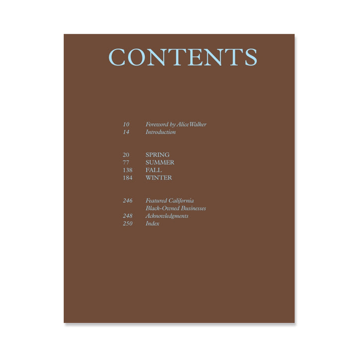In Tanya Holland's California Soul: Recipes from a Culinary Journey West, a brown CONTENTS page with light blue text lists Foreword, Introduction, seasons, Featured California soul food and Black-Owned Businesses, Acknowledgements, and Index.