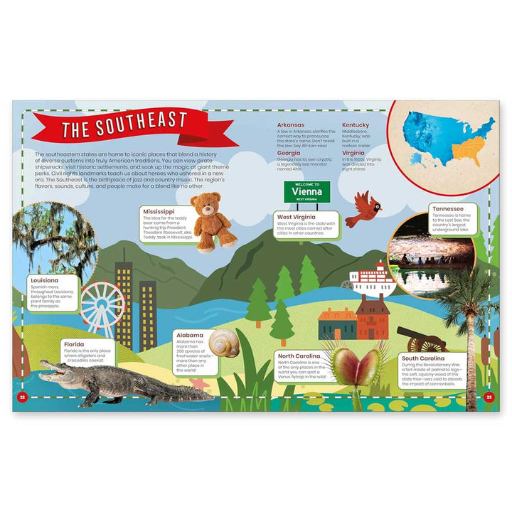Celebrate America’s 250th with Happy Birthday America—a colorful Southeast USA map highlighting main states, landmarks, and wildlife. Includes state facts in caption boxes—ideal for kids’ American history or US history activities.