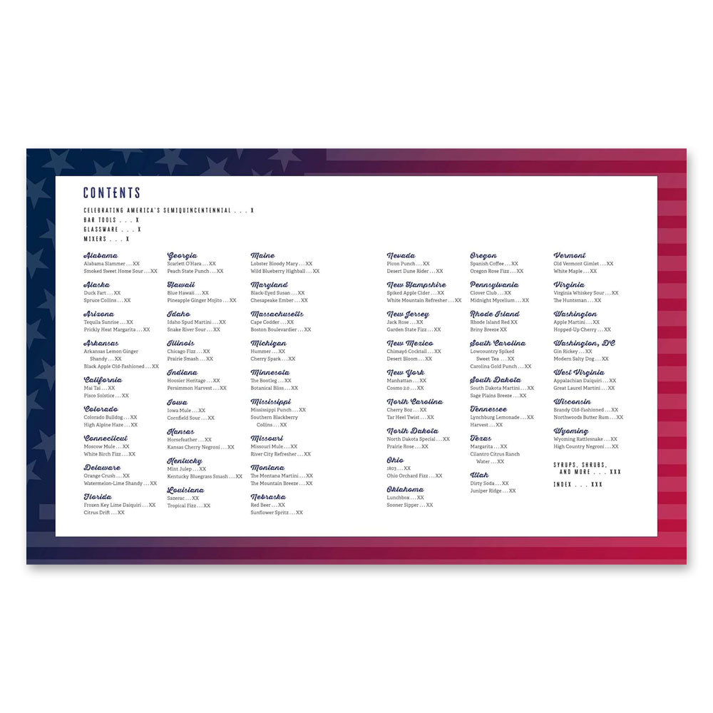 Table of contents page for *Spirits of '76: Celebrating 250 Years with Cocktails from Every State*, featuring a red, white, and blue patriotic background. U.S. states are listed alphabetically in four columns with page numbers under the “Contents” heading.