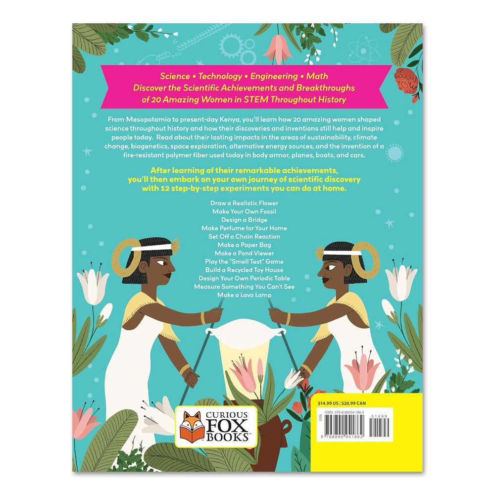Back cover of "Women Who Shaped Science": Two illustrated women in ancient-style dress with beakers, surrounded by flowers and plants. Features 20 inspiring women in STEM and 13 fun STEM experiments for kids.