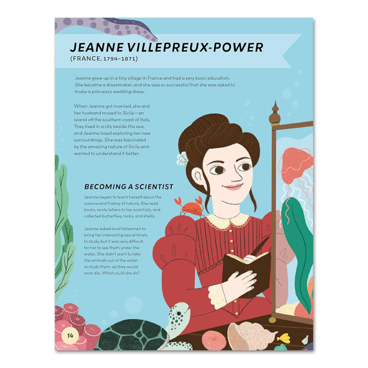 Discover "Women Who Shaped Science": an illustrated page featuring Jeanne Villepreux-Power (France, 1794–1871) in a red dress with seashells and sea creatures—a perfect STEM inspiration for kids’ books and experiments.