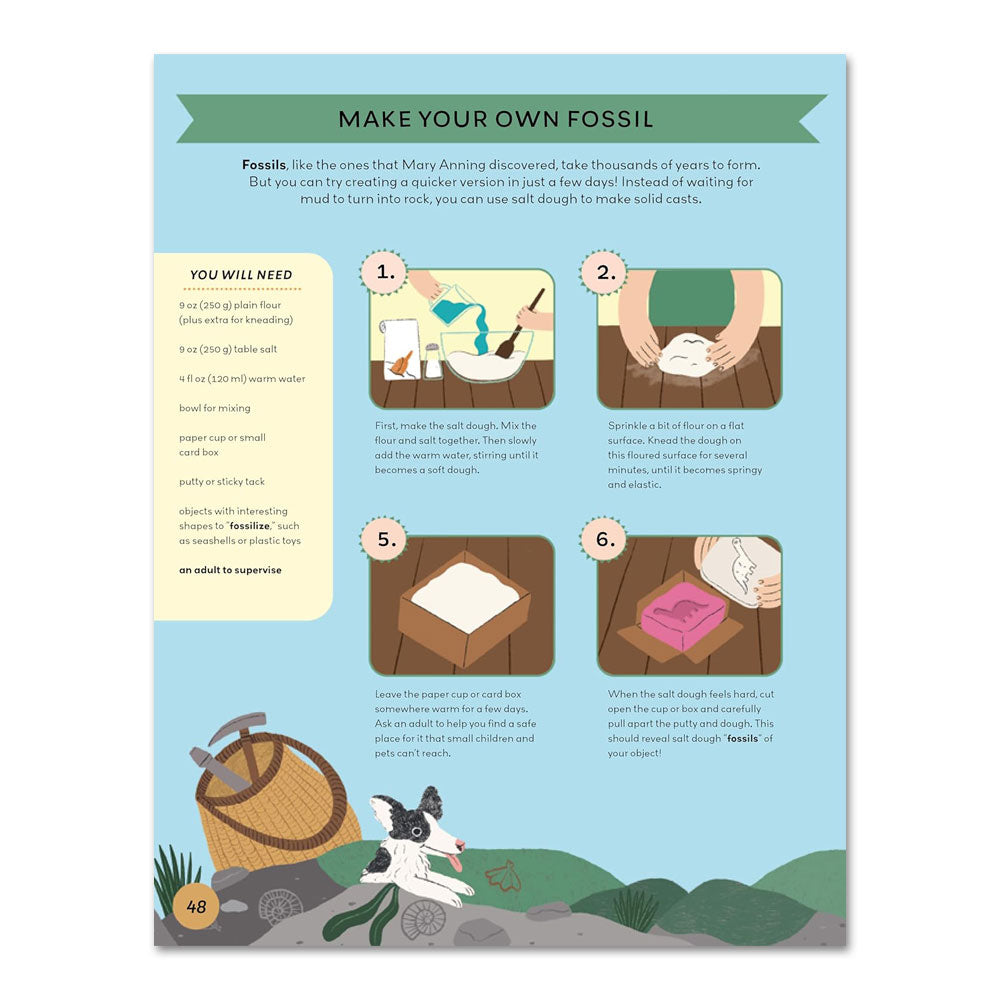 An illustrated instruction sheet in Women Who Shaped Science guides kids through a fun STEM fossil experiment using flour, salt, coffee grounds, and water, with step-by-step images and text for an engaging children’s book activity.