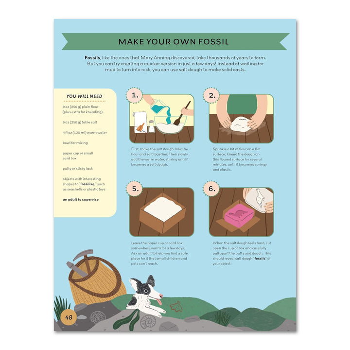 An illustrated instruction sheet in Women Who Shaped Science guides kids through a fun STEM fossil experiment using flour, salt, coffee grounds, and water, with step-by-step images and text for an engaging children’s book activity.