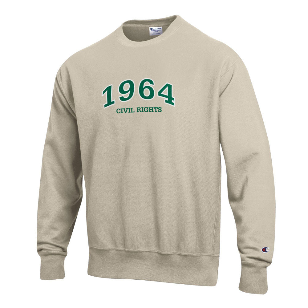 The 1964 Civil Rights Sweatshirt - Natural showcases a bold green "1964" and "CIVIL RIGHTS" beneath, with a small Champion logo on the sleeve—a tribute to justice and equality.