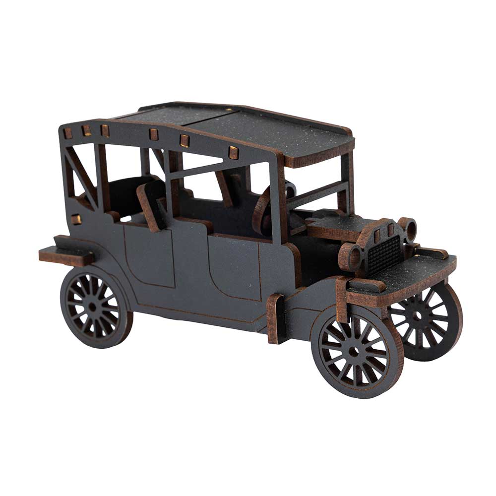 The Henry Ford® Model T 3D Wooden Puzzle is a small, black Runabout-style model car with an open roof, detailed interior seats, large spoked wheels, and distinct body and front grille features.