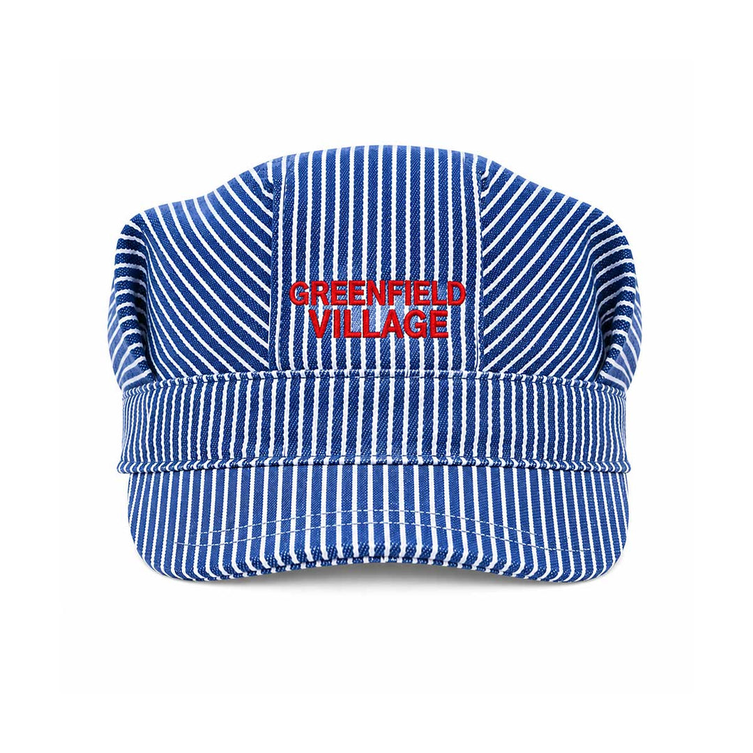 The Greenfield Village Youth Train Conductor Hat features blue and white stripes with “GREENFIELD VILLAGE” embroidered in red letters on the front. Designed for train enthusiasts, this cap offers a soft, rounded crown and a sturdy brim.
