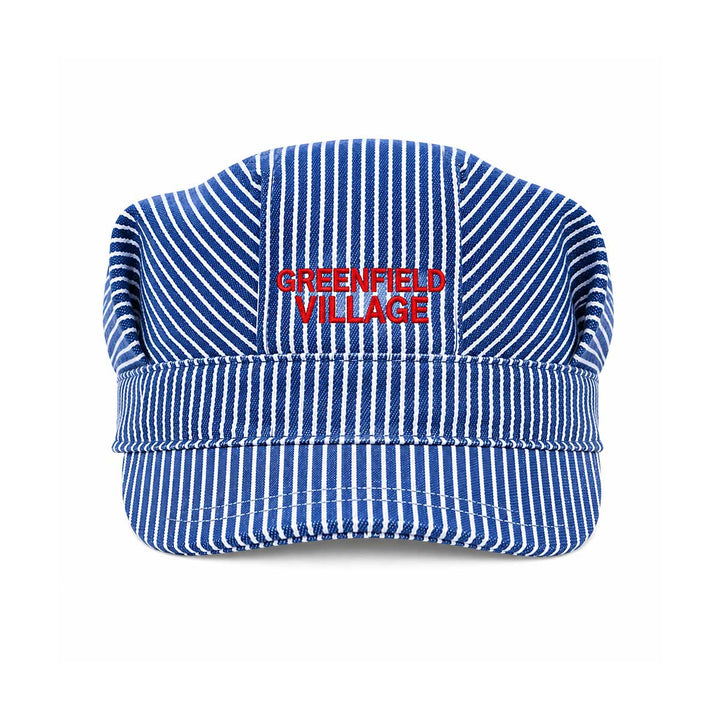 The Greenfield Village Youth Train Conductor Hat features blue and white stripes with “GREENFIELD VILLAGE” embroidered in red letters on the front. Designed for train enthusiasts, this cap offers a soft, rounded crown and a sturdy brim.