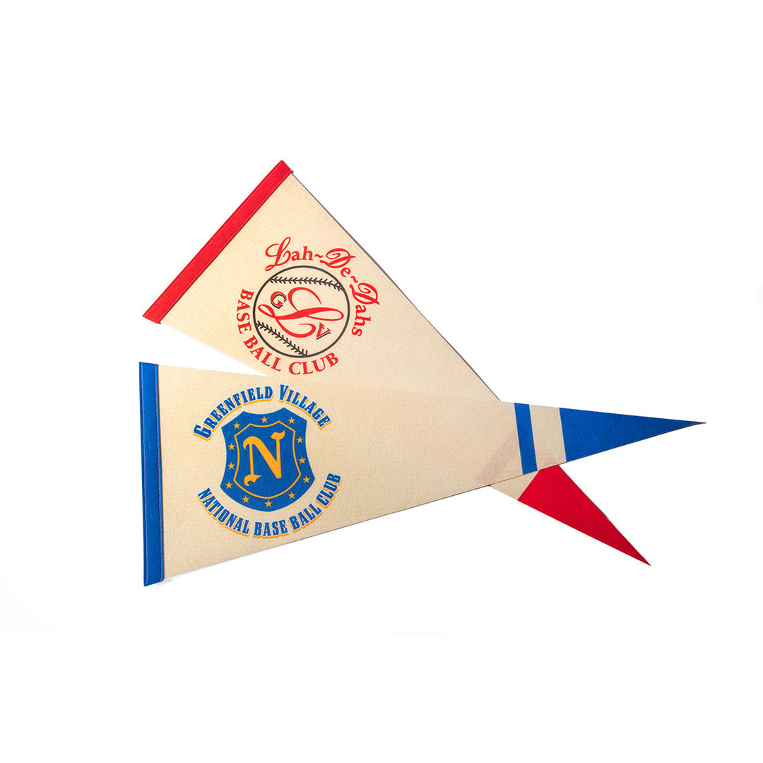 Vintage Lah-De-Dahs Pennant in red and beige with "Lah-De-Dahs Base Ball Club" and a baseball graphic—perfect retro baseball decor for any fan.