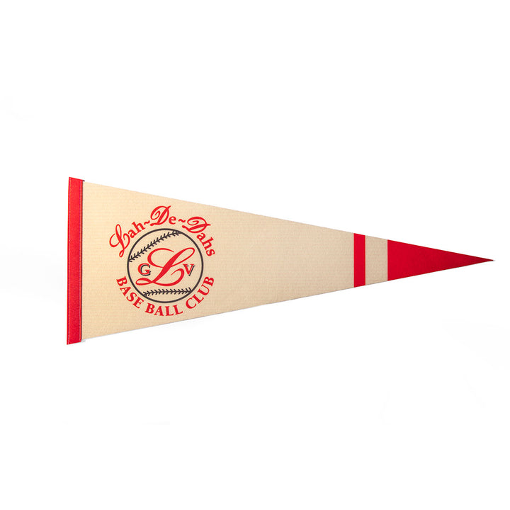 The Lah-De-Dahs Pennant is a cream vintage-style baseball pennant with red trim, bold "Lah-De-Dahs Base Ball Club" lettering, and an LV baseball graphic—ideal retro decor for any fan.