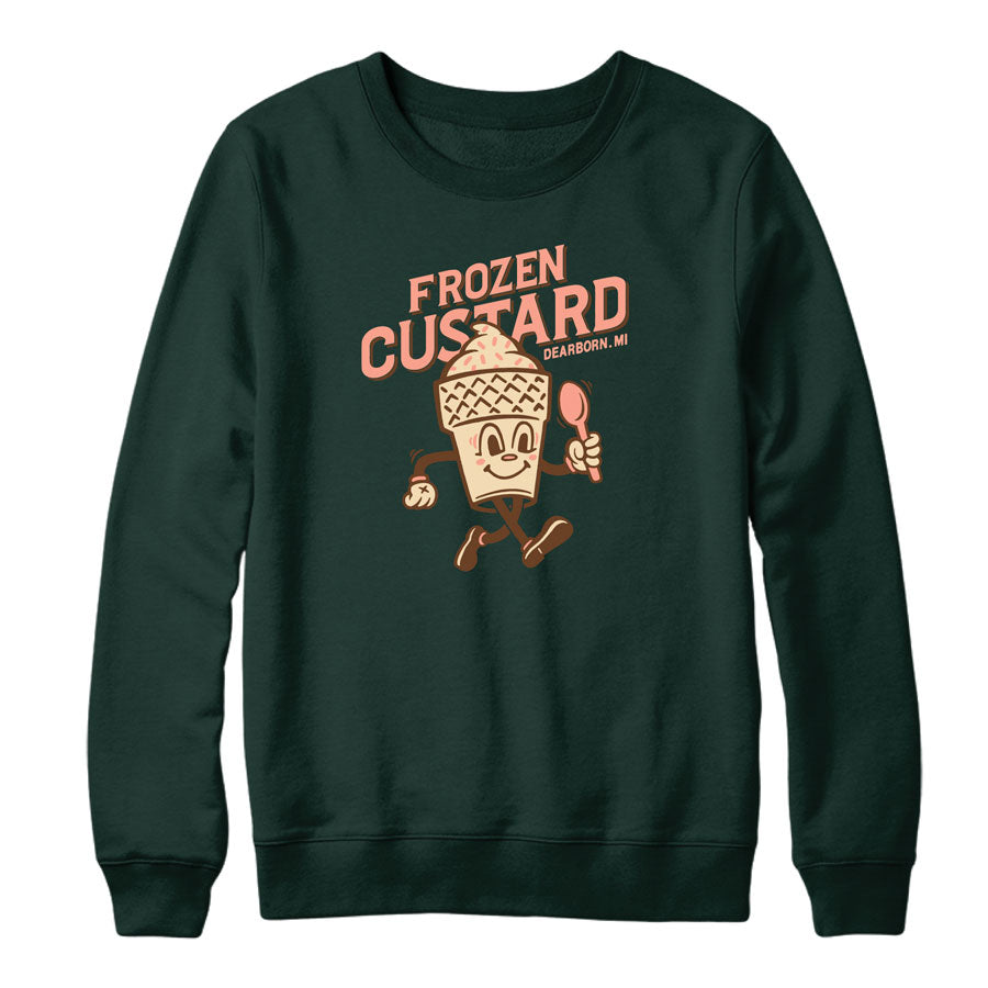 The Adult Frozen Custard Sweatshirt features dark green fabric, a cartoon custard cone with a spoon, and retro “Frozen Custard Dearborn, MI” lettering. This Michigan crew neck offers classic comfort for adults.