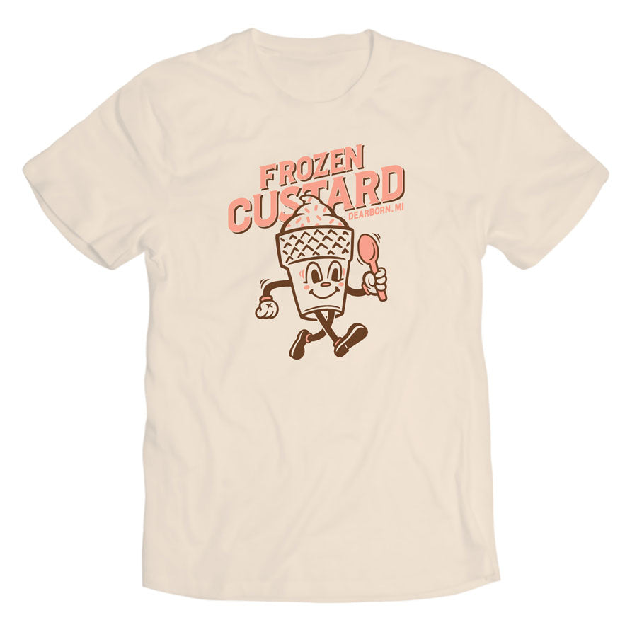 The Adult Frozen Custard T-Shirt is cream-colored and features a cartoon custard cup with a spoon, "Frozen Custard" above, and "Dearborn, MI" below—an ideal fun Michigan tee.