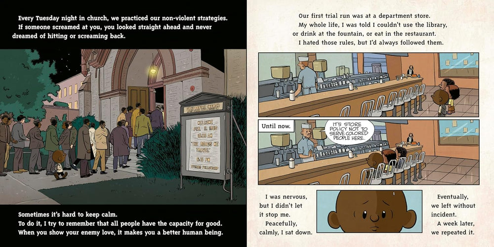 A group of people enter a church at night; inside, a boy nervously sits at a segregated lunch counter, recalling practicing non-violent resistance strategies at church—just like those described in I Am John Lewis by Brad Meltzer, an inspiring Civil Rights Movement picture book for kids.