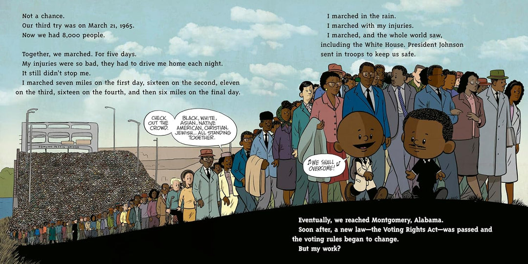 A diverse crowd marches for civil rights; two boys lead, holding signs. This moment, captured in *I Am John Lewis* by Brad Meltzer, is perfect for a children’s picture book or a biography about John Lewis, highlighting the determination and hope of the Civil Rights Movement. The text describes the march, injuries suffered along the way, and the eventual passing of the Voting Rights Act; President Johnson is mentioned. The overall mood is one of resolve and optimism.