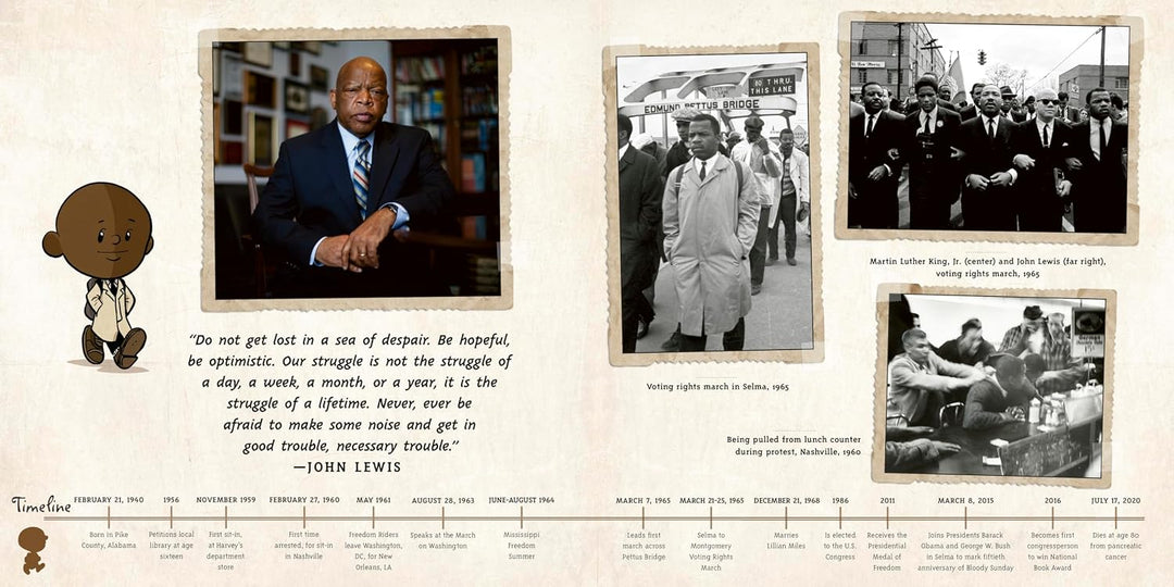 I Am John Lewis by Brad Meltzer is an inspiring picture book biography that traces the powerful timeline of John Lewis’s life in the Civil Rights Movement. Featuring photos—including his portrait, moments of protest, and being arrested—as well as a motivating quote about hope, perseverance, and making good trouble, this book engages kids with illustrations like young John Lewis on the left.
