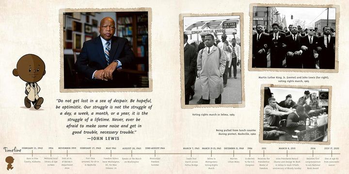 I Am John Lewis by Brad Meltzer is an inspiring picture book biography that traces the powerful timeline of John Lewis’s life in the Civil Rights Movement. Featuring photos—including his portrait, moments of protest, and being arrested—as well as a motivating quote about hope, perseverance, and making good trouble, this book engages kids with illustrations like young John Lewis on the left.