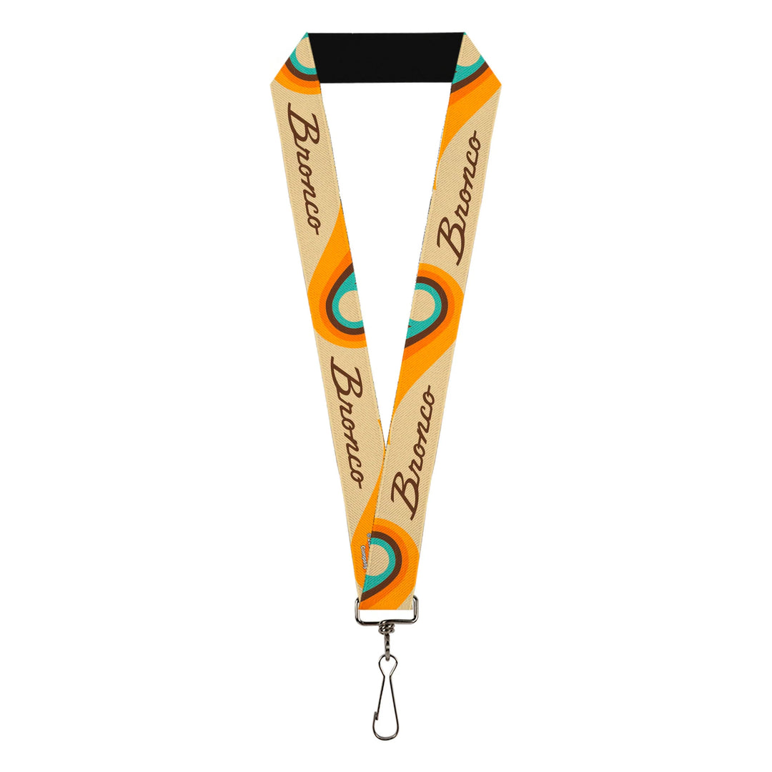 Introducing the Ford Bronco Script Wave Lanyard—a vibrant yellow accessory featuring bold Bronco text and eye-catching wave-inspired circular patterns. Designed with a durable metal clip at the end, it’s perfect for holding keys or badges, making it an ideal choice for fans seeking official Ford merchandise.