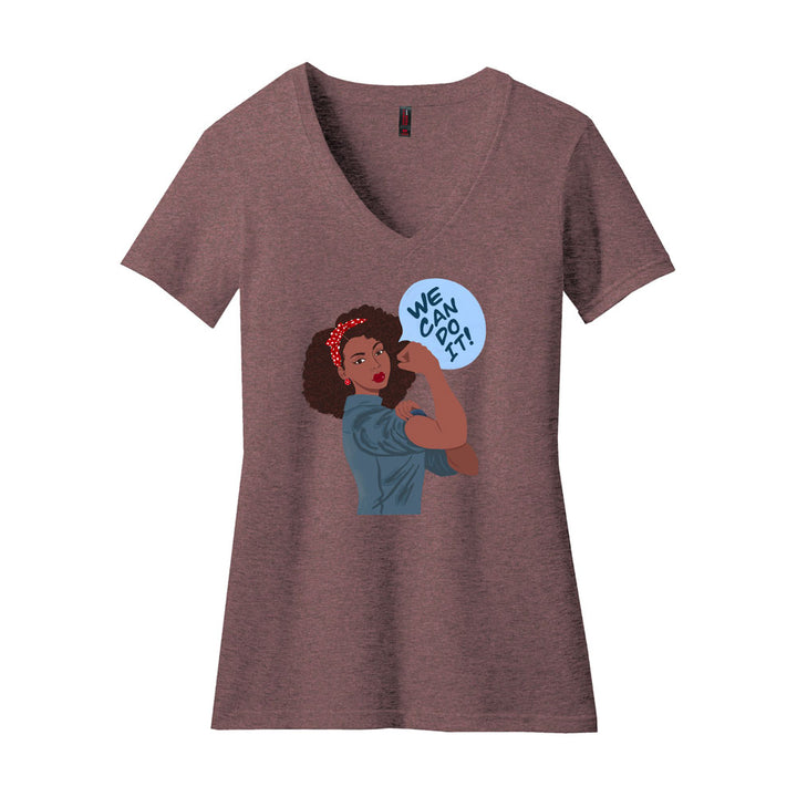Maroon V-neck t-shirt with graphic design of two women hugging and a speech bubble on a white background