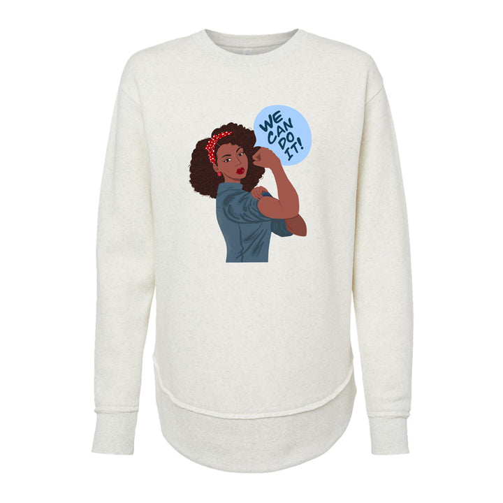 The Henry Ford Museum Rosie The Riveter Women's Sweatshirt features an illustration of a woman with dark curly hair, a red headband, flexing her arm in the iconic "We can do it!" WWII pose.