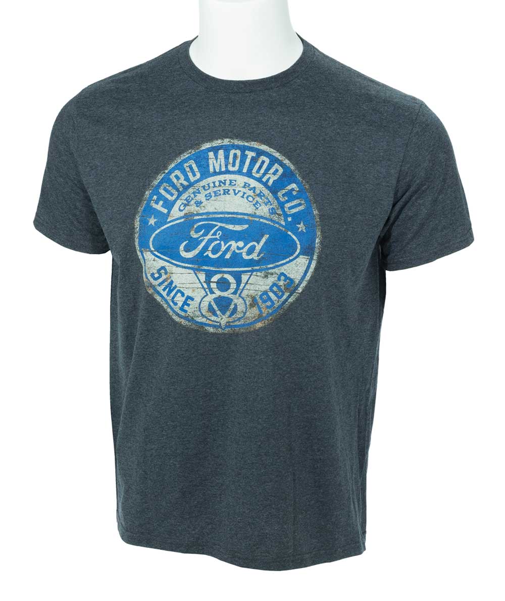 The Men's Ford Motor Co. Genuine Parts & Service Tee is a heathered charcoal cotton blend T-shirt featuring a blue and white vintage-style Ford logo and "Genuine Parts & Service, Ford, Since 1903" text on the front.
