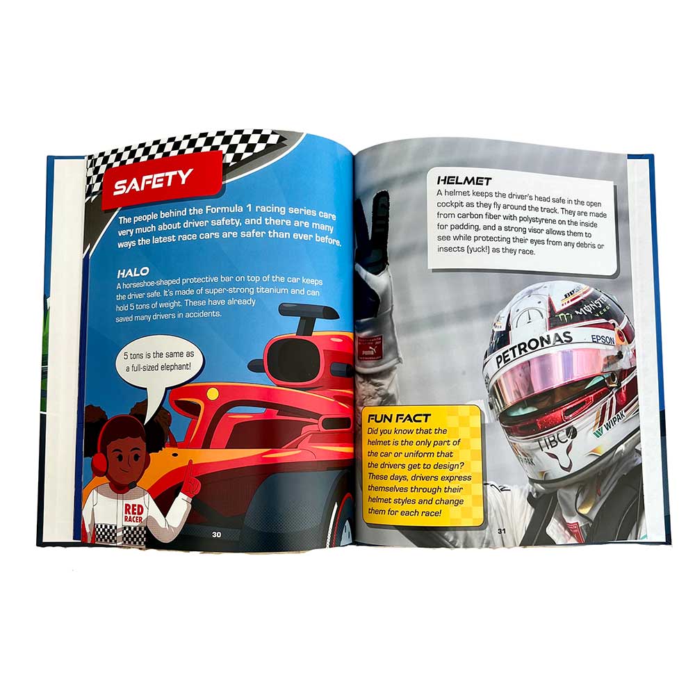 The book "All About Race Cars - A Guide to Formula 1 Race Cars" shows pages on F1 safety, including illustrations of a driver, the car's halo, and a helmeted Mercedes driver. Text boxes highlight key safety features, STEM facts, and fun facts for kids.