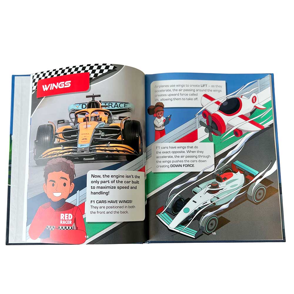 An open book, "All About Race Cars - A Guide to Formula 1 Race Cars," displays cartoon F1 cars and a boy in a Red Racer shirt, with text explaining wings, downforce, and STEM facts on how they boost speed and handling.