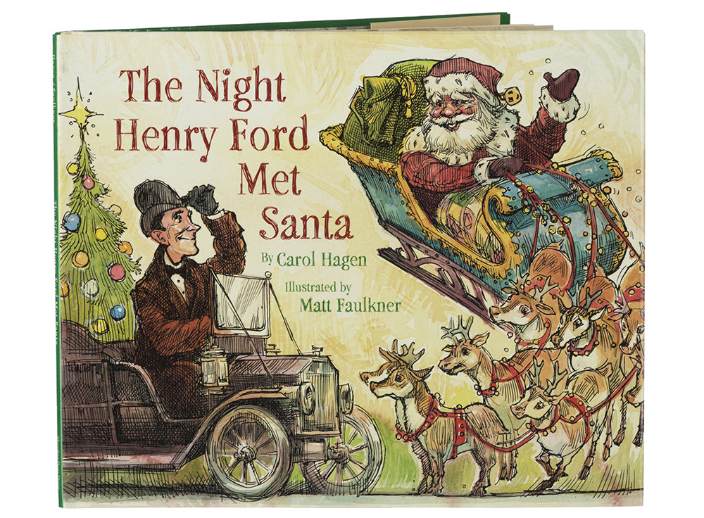 The Night Henry Ford Met Santa book cover features Henry Ford in a vintage car waving at Santa Claus, who rides a reindeer-pulled sleigh, with a decorated Christmas tree in the background.