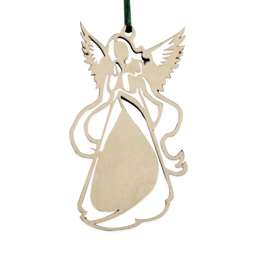 The Baltic by Design Angel Ornament is crafted from Baltic birch plywood, featuring cut-out details of an angel with wings and ribbons. It hangs from a green string.
