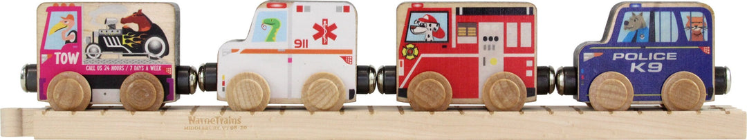 The NameTrains Community Car Set features four wooden train cars, each painted as a unique emergency vehicle with animal drivers. These cars fit most wooden railway systems for versatile and imaginative play.