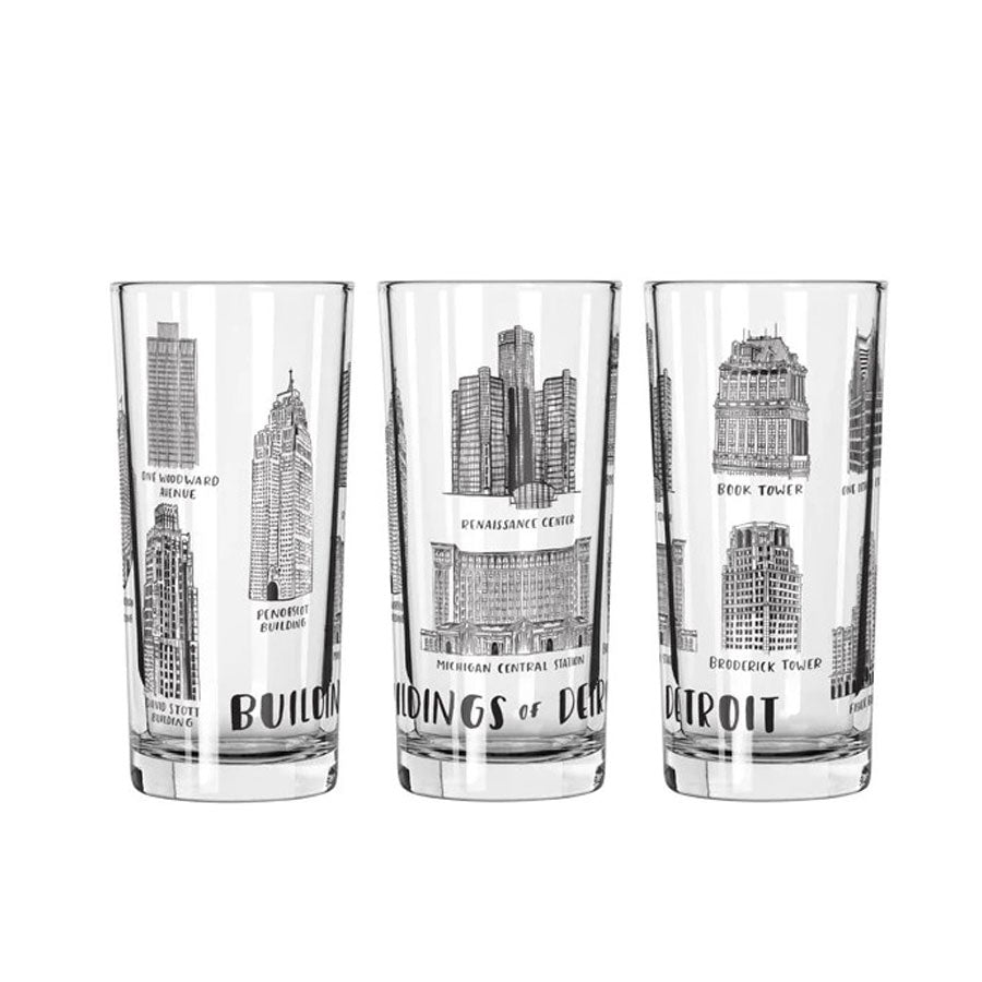Set of three Buildings of Detroit 12oz Glasses from City Bird, each with black-and-white illustrations and names of iconic Detroit buildings featuring unique architectural details.
