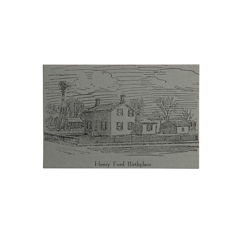 A black and white sketch of a house and trees with "Henry Ford Birthplace Postcard" below, styled like vintage letterpress prints.
