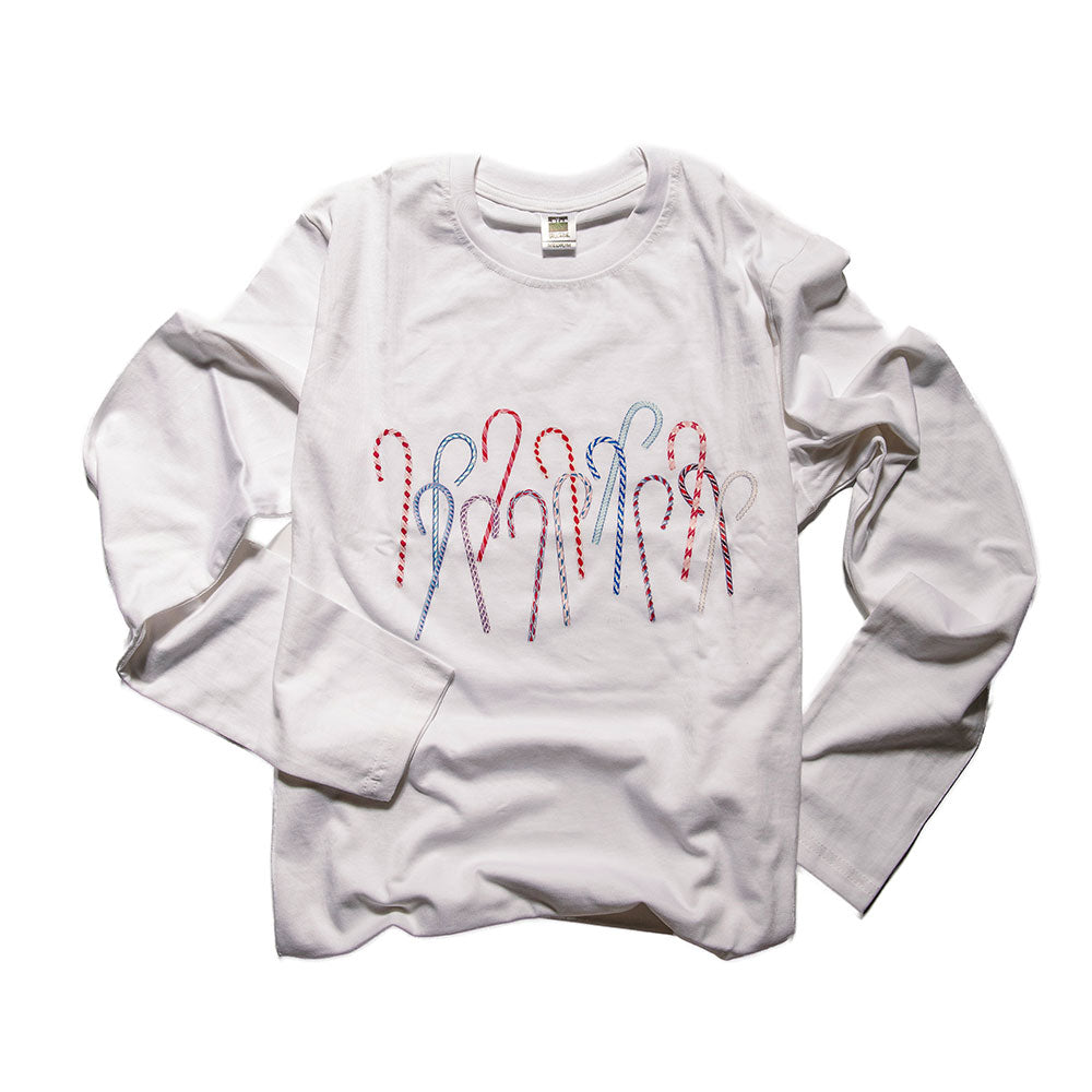 The Henry Ford® Greenfield Village Candy Cane Pajama Shirt in white features long sleeves and a red and blue candy cane pattern across the chest, shown on a white background.